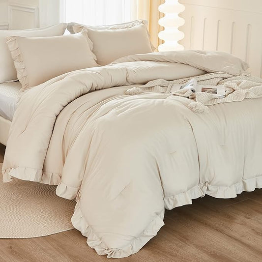 Litanika Comforter Twin Size Set Beige, 2 Pieces Ruffle Lightweight Bedding Comforter Set, Fluffy Bed Set (66x90In Comforter, 1 Pillowcase)