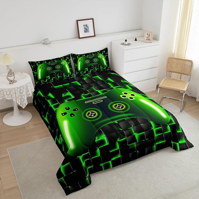 Erosebridal King Size Game Console Comforter Set for Boys Girls Kids Gamer Bedding,3D Gaming Geometric Check Lightweight Soft Bedding Sets,Neon Green Gamepad Bed Comforter,Black