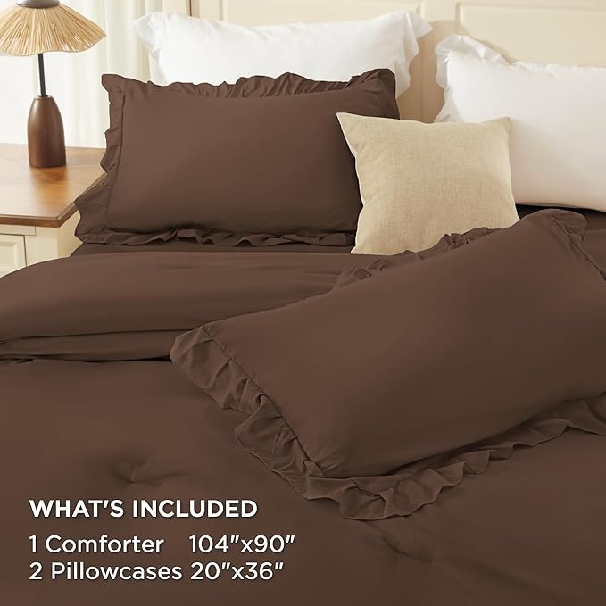 Andency Brown King Comforter Set (104x90Inch), 3 Pieces Ruffle Comforter Set with 2 Pillowcases, Farmhouse Shabby Chic Lightweight Fluffy Soft All Season Bed Set