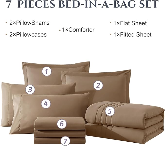 Monbix Super King Plus Size Comforter Set - 7 Pieces Raw Umber Bed in a Bag Super King Plus Bedding Sets with Comforters, All Seasons Comforter Bed Set with Sheets,Pillowcases & Shams