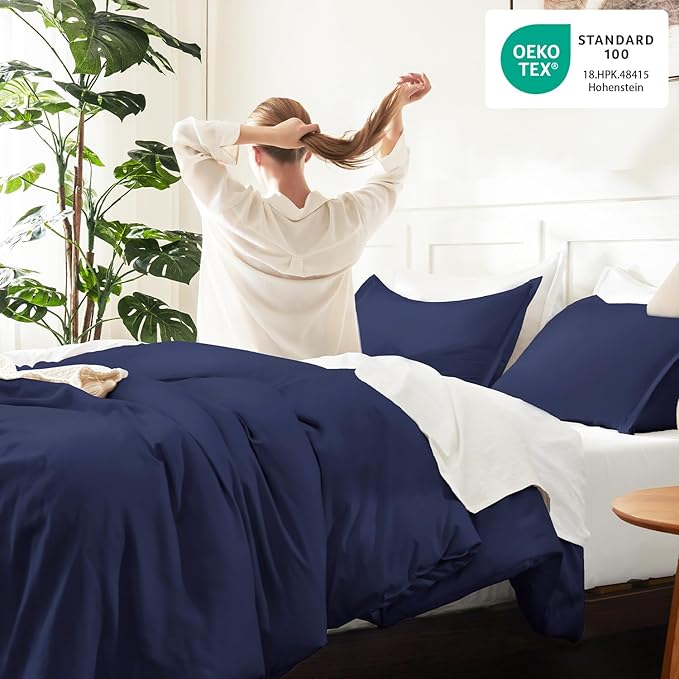 Litanika Navy Blue Twin/Twin XL Comforter Set, 2 Pieces Lightweight Solid Bedding Comforter Set, All Season Fluffy Bed Set (66x90In Comforter & 1 Pillowcase)