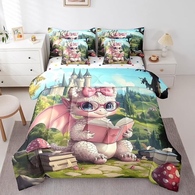 7 Pieces King Size Cute Girly Dragon Comforter Set,Vintage Mid-Century Castle Bedding Set for Girls,Magical Fantasy Wildlife (Comforter+Fitted+Flat Sheet+2 Pillowcases+2 Throw Pillow Covers