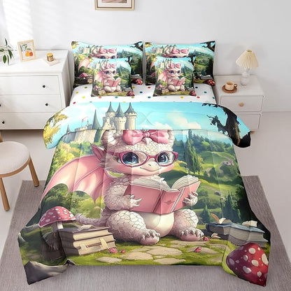 7 Pieces Full Size Cute Girly Dragon Comforter Set,Vintage Mid-Century Castle Bedding Set for Girls,Magical Fantasy Wildlife (Comforter+Fitted+Flat Sheet+2 Pillowcases+2 Throw Pillow Covers