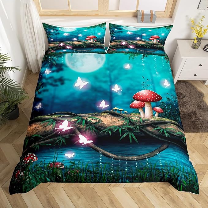 Red Mushroom Full Size Duvet Cover,Moon Night Sky Jungle Bedding Set 3pcs for Kids Teens,Magical Butterfly Cartoon Plant Comforter Cover Soft Quilt Cover Bedroom Decor Bedspread,No Comforter