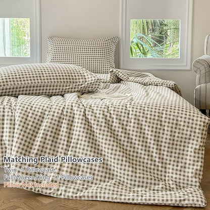 NSNLGSGC Tan Gingham Cotton Comforter Set King, 100% Washed Cotton Taupe Plaid Checked Comforter Bedding, 3 Pieces Vintage Farmhouse Grid Bedding Set(Tan Gingham, King)