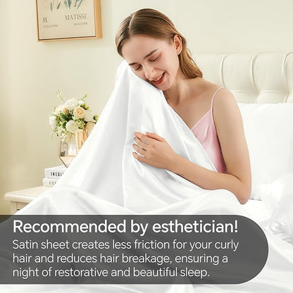 BEDELITE California King Sheets Set, Luxury Soft White Satin Sheets for Hair and Skin, Similar to Silk Bed Sheets Set 4 Pieces with 1 Deep Pocket Fitted Sheet, 1 Flat Sheet, and 2 Pillowcases
