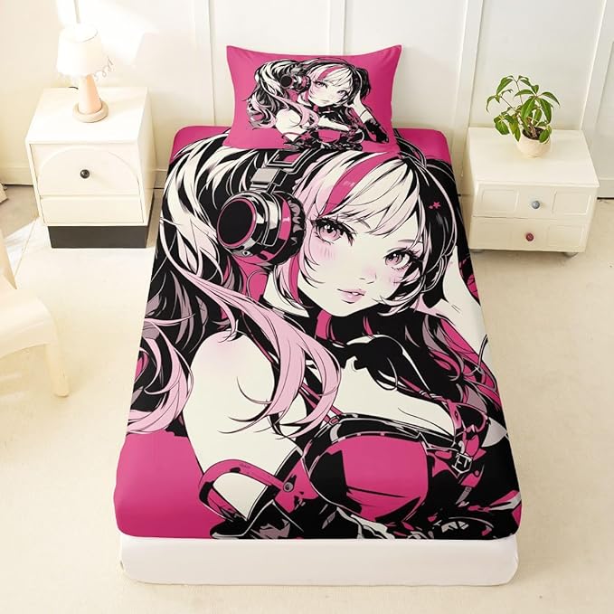 Pink Anime Girls Bedding Set Cartoon Japanes-Style Fitted Sheet Twin, Graffiti Street Culture Bed Sheets for Kids Teens Youth Watercolor Hippie Style Sheets 2Pcs, No Top Sheet