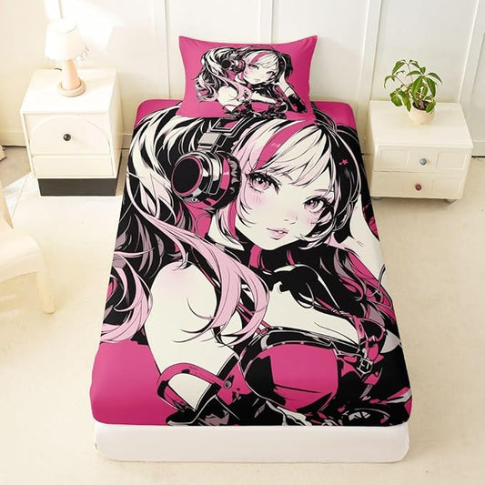 Pink Anime Girls Bedding Set Cartoon Japanes-Style Fitted Sheet Twin, Graffiti Street Culture Bed Sheets for Kids Teens Youth Watercolor Hippie Style Sheets 2Pcs, No Top Sheet