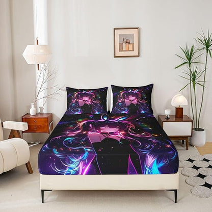 Erosebridal Cute Bunny Girls Queen Bed Sheets Japanese Anime Girl Fitted Sheet,Cartoon 3D Kids Bedding Sets Magical Neon Stars Sheets with 2 Pillowcases