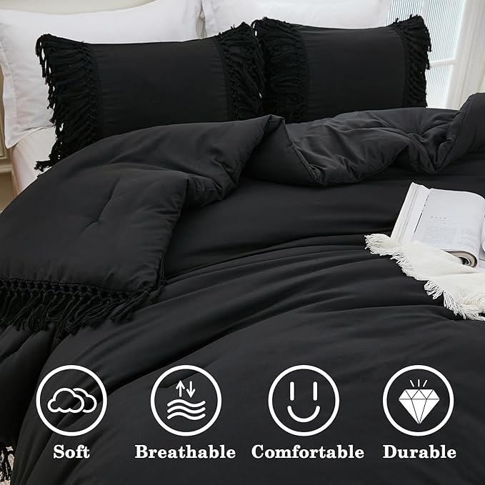 Andency Black Full Size Comforter Set, 3 Pieces Boho Tassel Lightweight Soft Bedding Comforter Sets, All Season Fluffy Fringe Bed Set (79x90In Comforter & 2 Pillowcases)