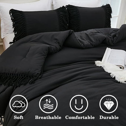 Andency Black Full Size Comforter Set, 3 Pieces Boho Tassel Lightweight Soft Bedding Comforter Sets, All Season Fluffy Fringe Bed Set (79x90In Comforter & 2 Pillowcases)