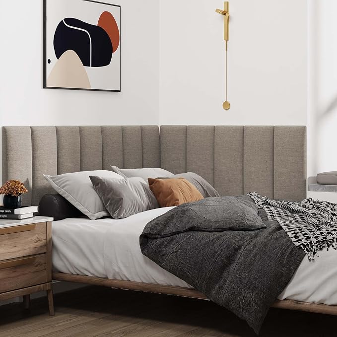 IFNOW Wall Mounted Headboard, Peel and Stick Panels, Linen, Queen | 3D Soundproof Acoustic Padding, Reusable and Removable Tufted fabric Bed Headboard for bedroom (9 Panels, 10" x 24")