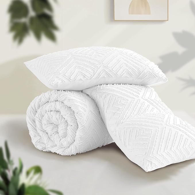 Andency White Oversized King Comforter 120"x120", 3 Pieces White Super King Boho Bedding Set & Collections, Farmhouse Tufted Fluffy Bed Set (1 Comforter, 2 Pillowcases)