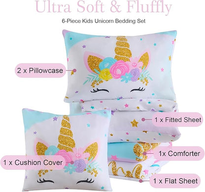 Cokouchyi Twin Comforter Set for Girls, 5-Piece Bed in a Bag, 3D Colorful Unicorn Bedding Comforter Sheet Set, Ultra Soft and Fluffly, Pink & Rainbow Color