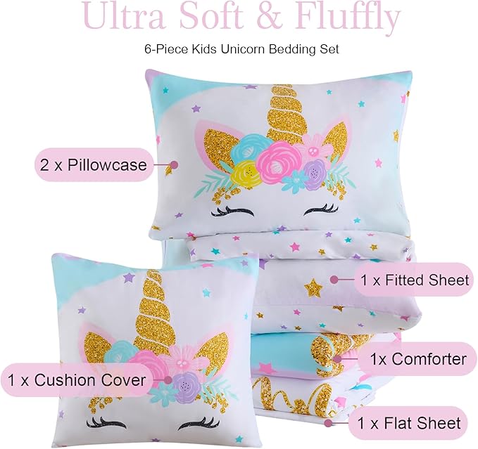 Cokouchyi Full Size Comforter Set for Girls, 6-Piece Bed in a Bag, 3D Colorful Unicorn Bedding Comforter Sheet Set, Ultra Soft and Fluffy, Pink & Rainbow Color