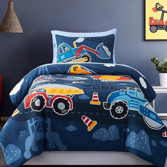 Twin Comforter Set for Boys-5 Pieces Truck Tractor Excavator Glow in the Dark Twin Bedding Sets for Kids, Ultra Soft Bed in A Bag with Sheets