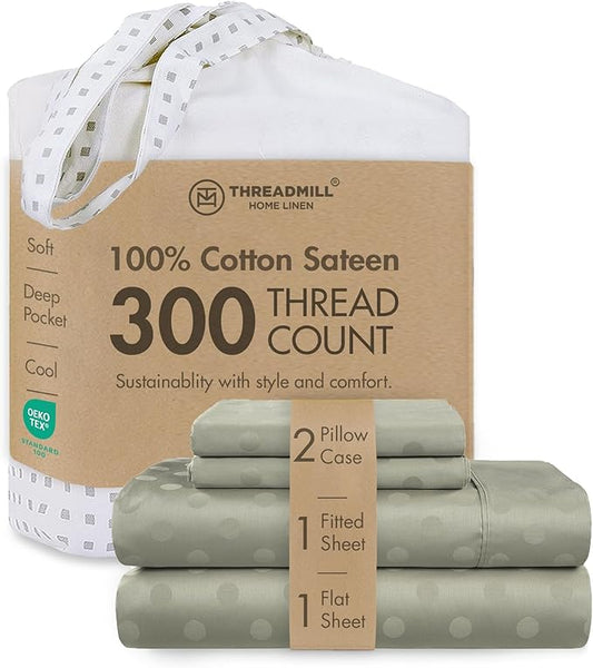Threadmill Cotton Full Size Sheet Set | 100% Cotton Sheets for Full Size Bed | Damask Jacquard Full Bed Sheets Set with 16” Deep Pocket | Soft Sateen Weave 4-Piece Cooling Bedding Set | Sage Green