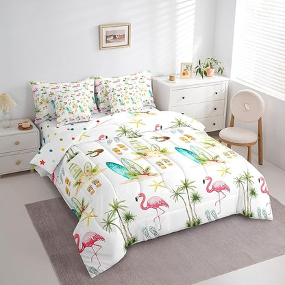 Summer Seaside Beach Reversible 7 Pieces Comforter Set,Tropical Coconut Tree Bed Sheet Set for Kids Teens Boys,Hawaiian Flamingo Surfboard Bedding Set with Comforter,Fitted & Flat Sheet,Queen