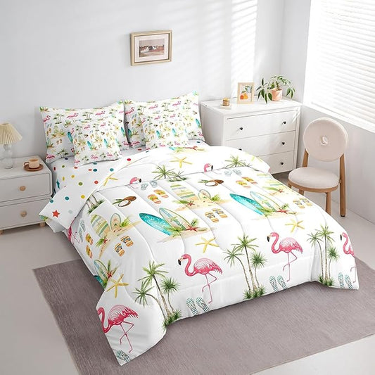 Summer Seaside Beach Reversible 7 Pieces Comforter Set,Tropical Coconut Tree Bed Sheet Set for Kids Teens Boys,Hawaiian Flamingo Surfboard Bedding Set with Comforter,Fitted & Flat Sheet,King