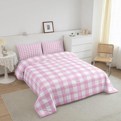 Manfei Pink Plaid Comforter Set Buffalo Check Plaid Bedding Set Classic Gingham Pattern Bedding Home Decor Pink White Scottish Comforter Full Size Quilted Duvet Set 1 Comforter with 2 Pillowcase