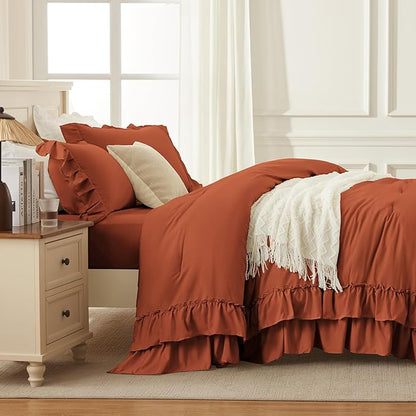 Andency Terracotta Twin Size Comforter Set, 2 Pieces Lightweight Fluffy Ruffle Bedding Set for Dorm, All Season Soft Farmhouse Shabby Chic Bed Set for Kids (66x90In), Burnt Orange