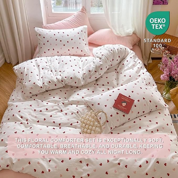 Girls Comforter Set Full Size - 3 Pieces Red Pink Heart Comforter Bedding Sets for Kids,Full Bed in a Bag with Heart Comforter and 2 Pillowcases
