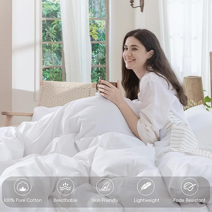 MooMee Bedding Duvet Cover Set 100% Washed Cotton Linen Like Textured Breathable Durable Soft Comfy (Solid Bright White, Queen 90"x90")