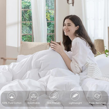 MooMee Bedding Duvet Cover Set 100% Washed Cotton Linen Like Textured Breathable Durable Soft Comfy (Solid Bright White, Queen 90"x90")