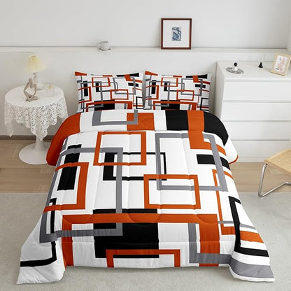 Erosebridal Geometric Square Comforter Set for Men Women,White Black Orange Bedding Set,Abstract Grid Patchwork Quilt Set Lightweight,Modern Down Comforter with 2 Pillow Shams,Queen