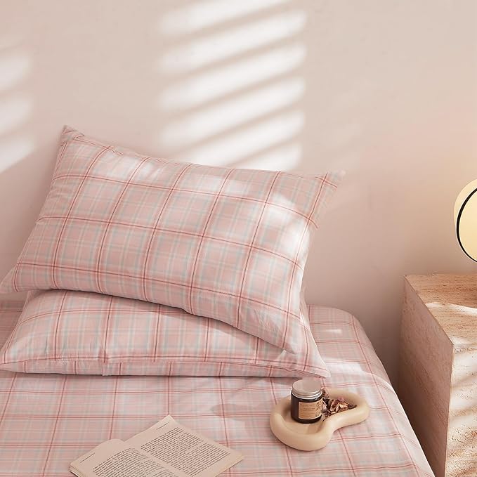 EAVD Pink Grey Grid Plaid Duvet Cover King Washed Cotton Bedding Set 3 Pieces Modern Farmhouse Gingham Duvet Cover with 2 Pillowcases Reversible Grid Checkered Bedding Set with Zipper Closure