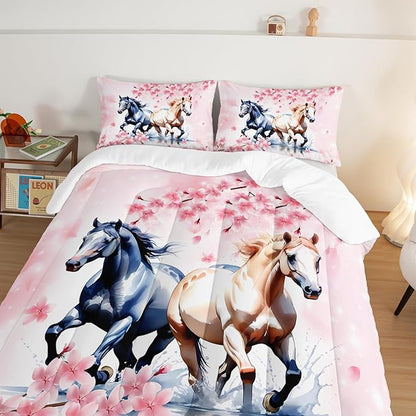 Horse Comforter Set Kids Bedding King Size,Pink Cherry Blossom Bedding Set for Girls Boys Teens Bedroom Decor Aesthetic,Galloping Horse Bedding Comforter Sets with 2 Pillowcases.