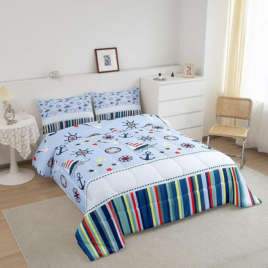 Nautical Anchor Queen Size Comforter Set,Ocean Fish Seagull Blue Down Alternative Comforter Adults Bedroom Decor,Outdoor Adventure Red Blue Stripes Ultra Soft Microfiber Inner Fill 3Pcs Bedding