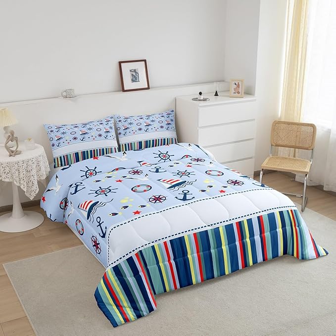 Nautical Anchor Comforter Set King,Ocean Fish Seagull Blue Bedding Set for Boys Girls Teens Bedroom Decor,Outdoor Adventure Red Blue Stripes Quilt Set Super Soft Duvet Set,Gift for Her Him