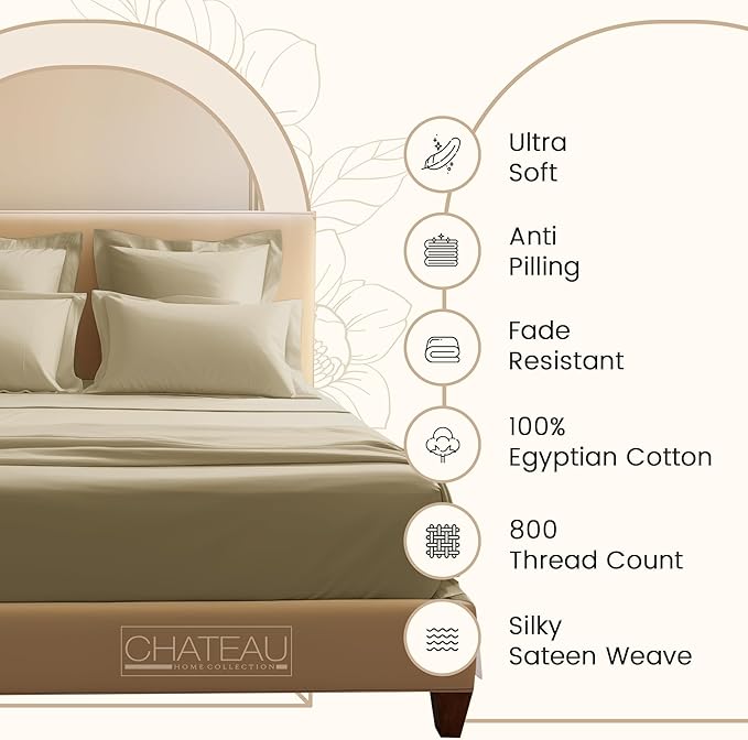 100% Egyptian Cotton Bed Sheets, Certified 800 Thread Count Sateen Weave 15" Deep Pocket Queen Sheets For Queen Size Bed Sheet & Pillowcase Sets, Soft & Comfy Naturally Cool Luxury Bedding - Linen