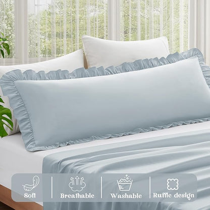 KKJIAF Ruffle Body Pillow Cases Set of 1, Ruffled Pillow Covers with Envelope Closure, Wrinkle Resistant Ruffled Long Pillow Shams 20" x 54", Dusty Blue