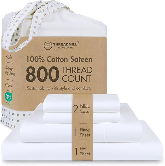 Threadmill Luxury 800 Thread Count Full Size 100% Cotton Sheets - Hotel White Sateen Weave Bed-Sheets, Better Than Egyptian Cotton, 4 Pc Solid Bed Set, Fits 16" Deep Pocket