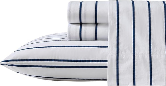 Nautica - Full Sheet Set, Cotton Percale Bedding Set, Crisp & Cool, Lightweight & Breathable (Brenton Stripe Navy Blue, Full)
