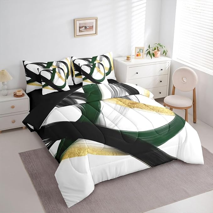 Erosebridal Abstract Black Gold 7 Piece Comforter Set Queen Geometric Green Minimalist Lines Bedding Set Modern Ink Painting Stripes Quilt Simple Aesthetic Fashion Neutral Sheet Set for Men