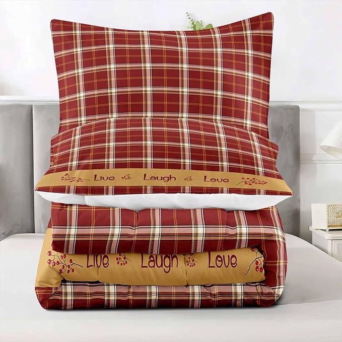 LUVIVIHOME 2PCS Red Gingham Comforter Set Twin Size, Red Berry Check Bed Set, Grid Checkered Quilt, Farmhouse Bedding, Check Primitive Country Rustic Vintage Buffalo Plaid Comforter, 1 Pillow Sham