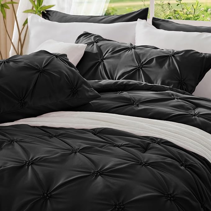 BEDELITE Black Twin Comforter Set - 2 Peices Boho Pintuck Bedding Comforter Sets, Lightweight Soft & Warm Twin Bedding Sets with 1 Pillowcase for All Season