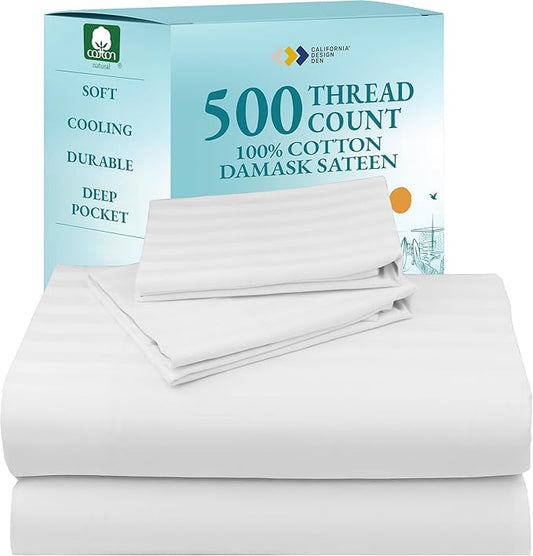 California Design Den 4 Piece Full Size Sheet Set - 100% Cotton 500 Thread Count, Cooling Deep Pocket Bed Sheets with Fitted Elastic Sheet, Extra Soft Luxury Hotel Quality - Pure White