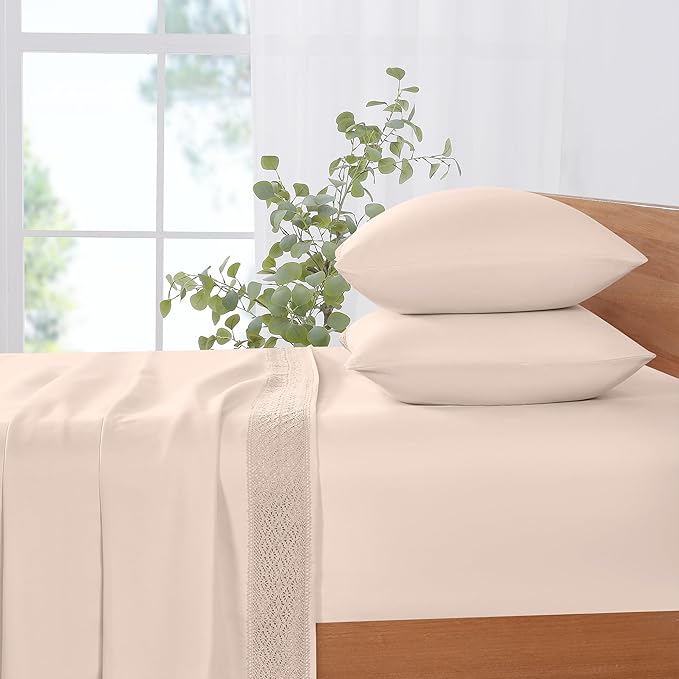 Modern Threads 4 Piece Microfiber Sheet Set – Soft Cooling Bed Sheets with Crochet Lace – Deep Pocket, Wrinkle Free, Breathable, Hotel Luxury Bedding, Blush Pink, King