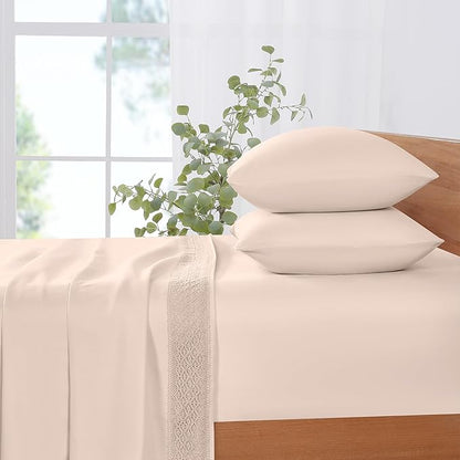 Modern Threads 4 Piece Microfiber Sheet Set – Soft Cooling Bed Sheets with Crochet Lace – Deep Pocket, Wrinkle Free, Breathable, Hotel Luxury Bedding, Blush Pink, King