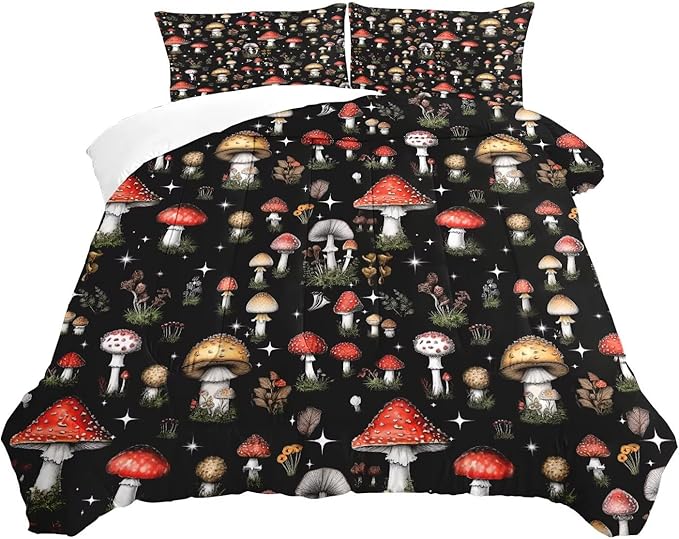 Mushroom Bedding Set King Size Black Burgundy Plant Comforter for Girls Boys Women Bedroom Decor Vintage Woodland Quilt Bed Sets, 1 Comforter 2 Pillowcases