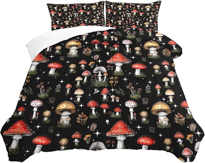 Mushroom Comforter Set Full/Queen Size Black Burgundy Plant Bedding for Kids Girls Teen Women Bedroom Decor Woodland Quilt Bed Sets, 1 Comforter 2 Pillowcases