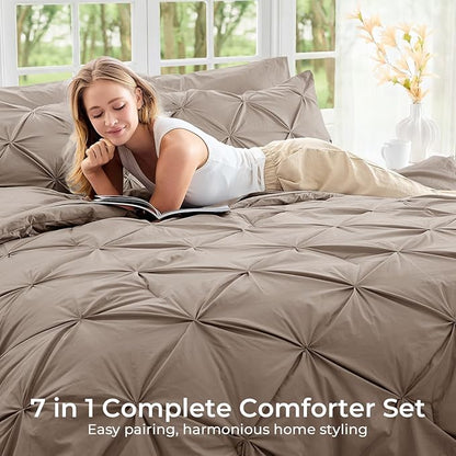 Sasttie Twin Comforter Set, 5-Piece Bed in a Bag, Pintuck Bedding Sets for All Season, Includes Comforter, Flat Sheet, Fitted Sheet, Pillowcase and Pillowsham, Dark Linen