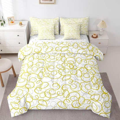 Erosebridal Geometric 7 Piece Comforter Set Twin Bed in A Bag Yellow White Abstract Lines Bedding Set for Boys Girls Bedroom Modern Abstract Texture Quilt Contemporary Swirls Aesthetic Sheet Set