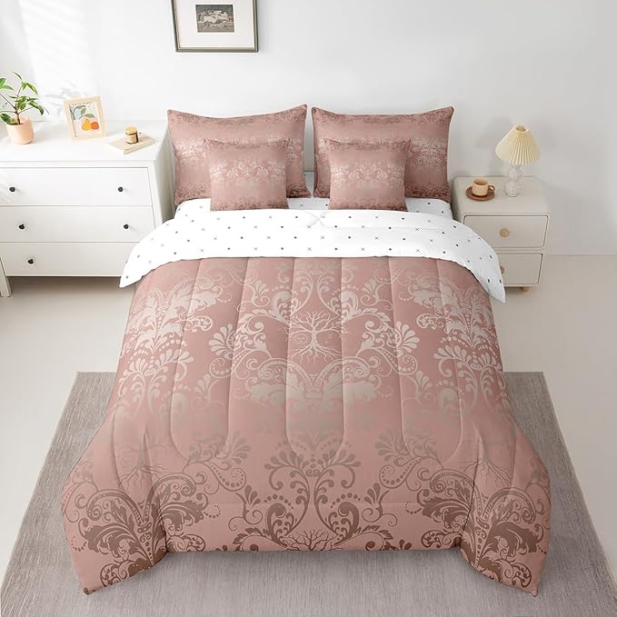Erosebridal Gothic Damask Bed in a Bag King Size Comforter Set 7 Pieces,Sun Moon Tree of Life Bedding Sets Light Pink Victorian Floral Goth Sheet Set with Comforter