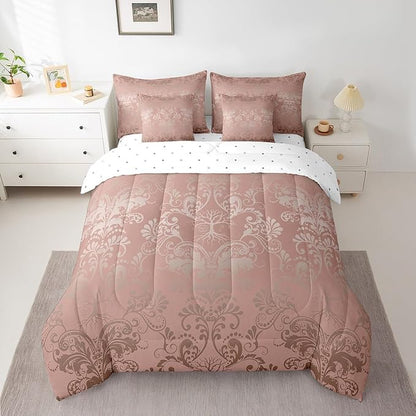 Erosebridal Gothic Damask Bed in a Bag King Size Comforter Set 7 Pieces,Sun Moon Tree of Life Bedding Sets Light Pink Victorian Floral Goth Sheet Set with Comforter