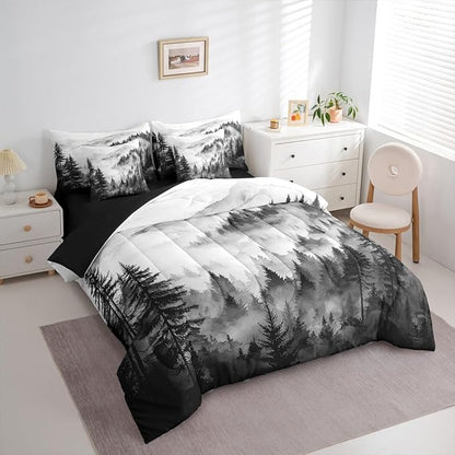 Erosebridal Black Gray Misty Forest King Comforter Set with Sheets 7 Piece Grey White Foggy Mountain Bed in A Bag Rustic Woodland Pine Trees Bedding Sets for Kids Adults,Watercolor Nature Bed Set